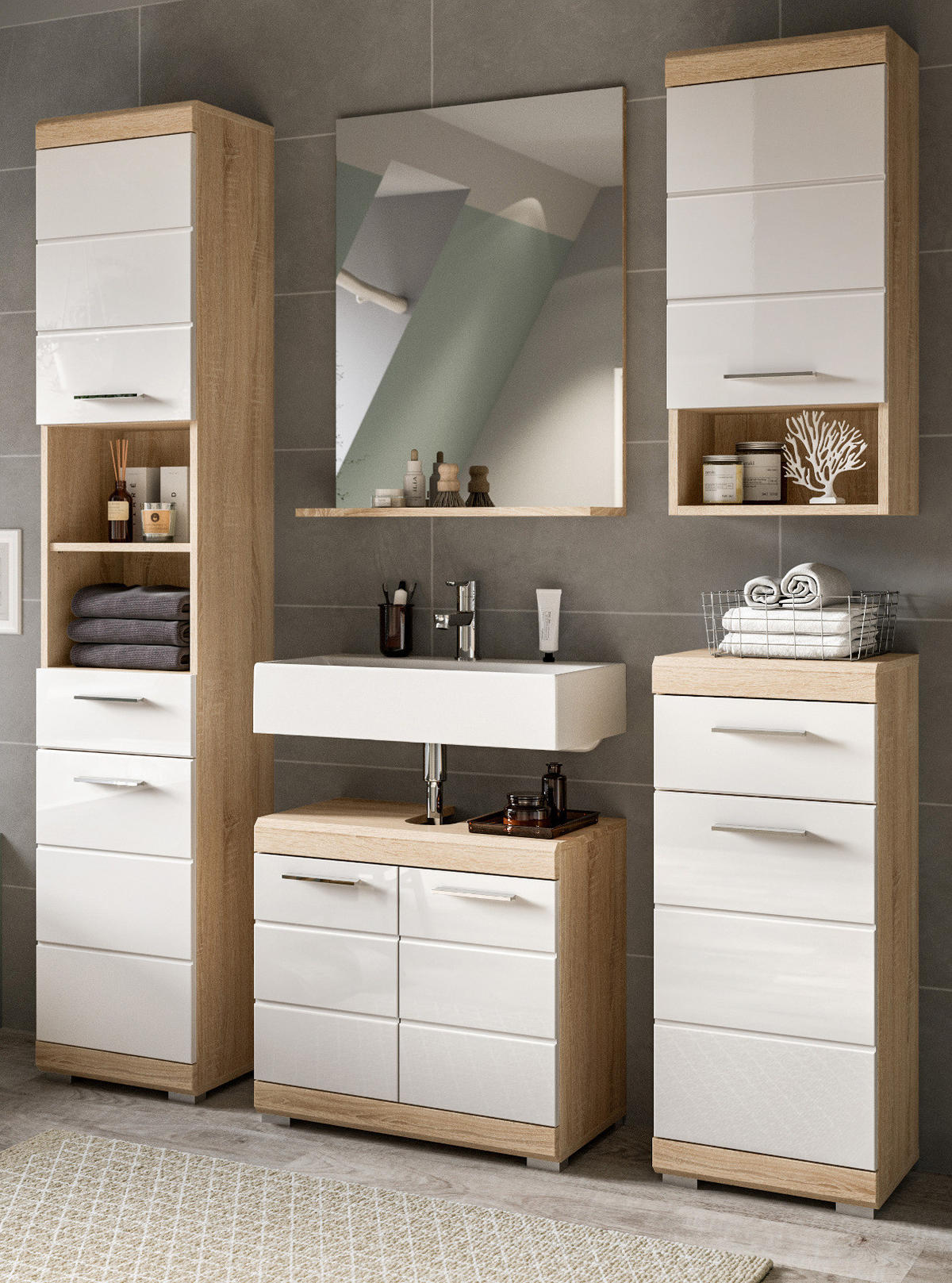 BADMÖBEL-SETWEISS Hochglanz, Eiche 5-teilig 164 cm, Komplettset mit viel Stauraum - Weiß Hochglanz/Eichefarben, Holzwerkstoff (164/191/34cm) - Inn.Furn