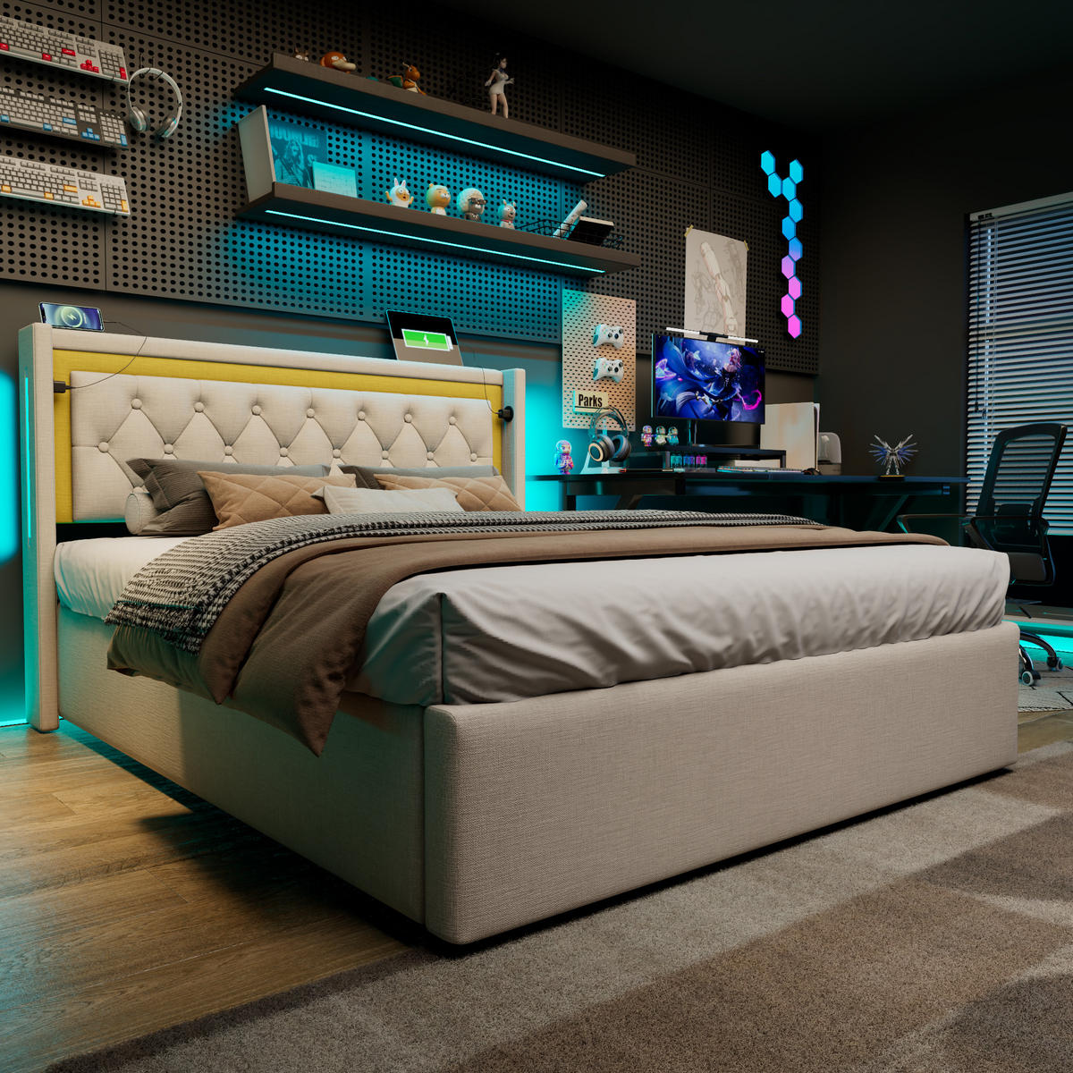 POLSTERBETT 140/200 cm mit LED, Bettkasten (Gasdruck), USB & Typ-C, Lattenrost inklusive,Beige - Beige, Textil (140/200cm) - Redom