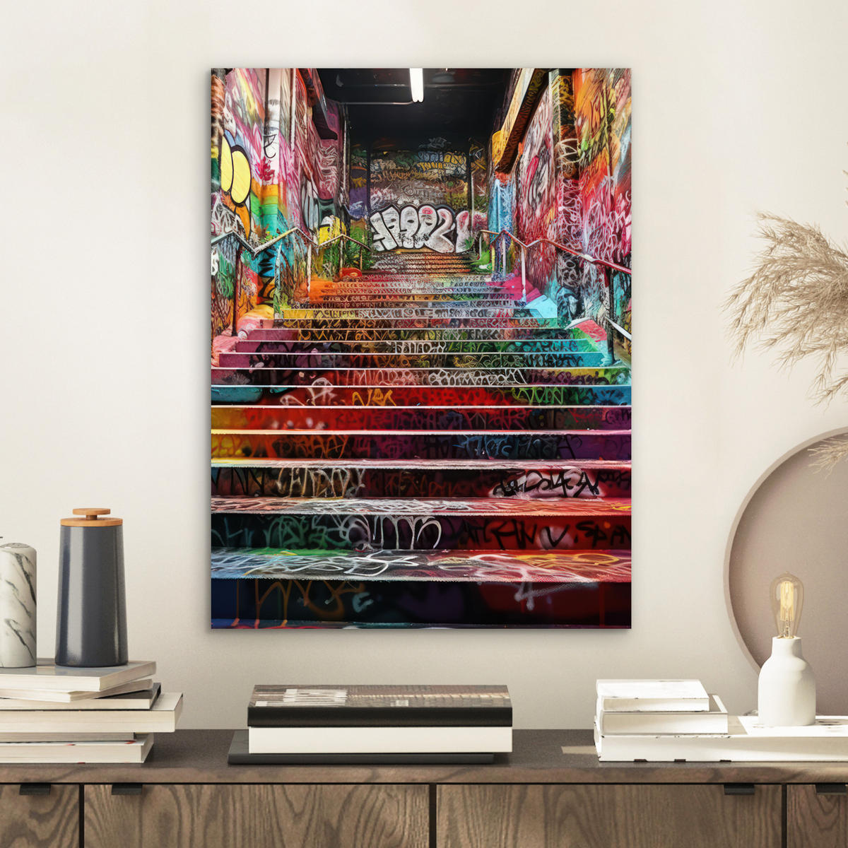 KOVOVÝ OBRAZ Schody - Graffiti - Farby - Umenie 30x40 cm - viacfarebná, kov (30/40cm) - MuchoWow