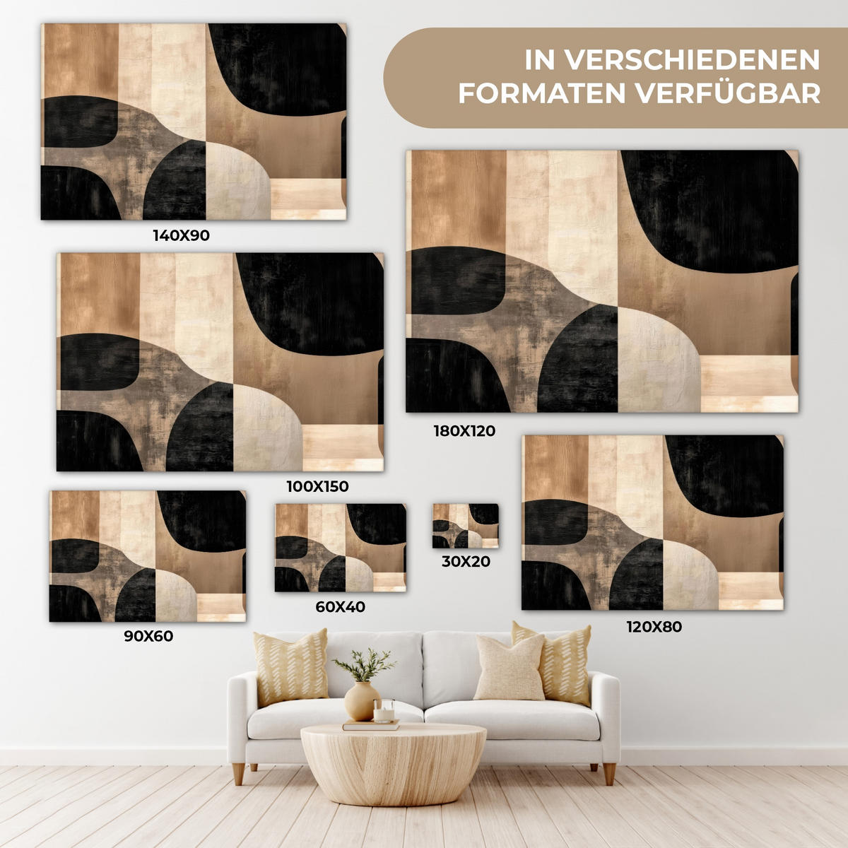 LEINWANDBILD Abstrakt - Flugzeuge - Schwarz - Rund Groß 140x90 cm - Beige, Textil (140/90cm) - MuchoWow