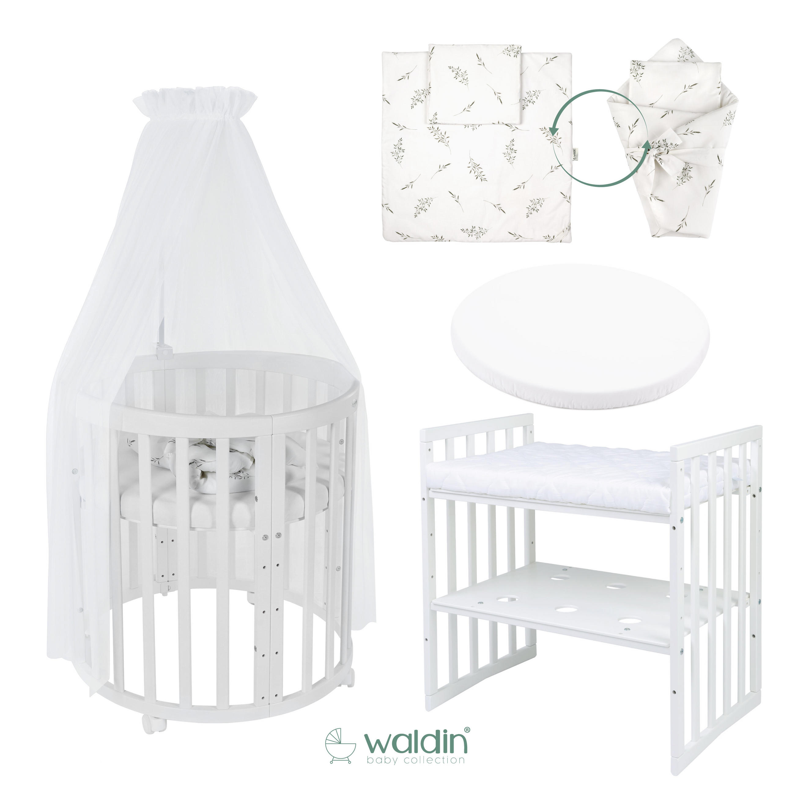 BABYBETT WHITE OVAL 7in1 mit Matratze und Himmelset - Weiß, Holz/Textil