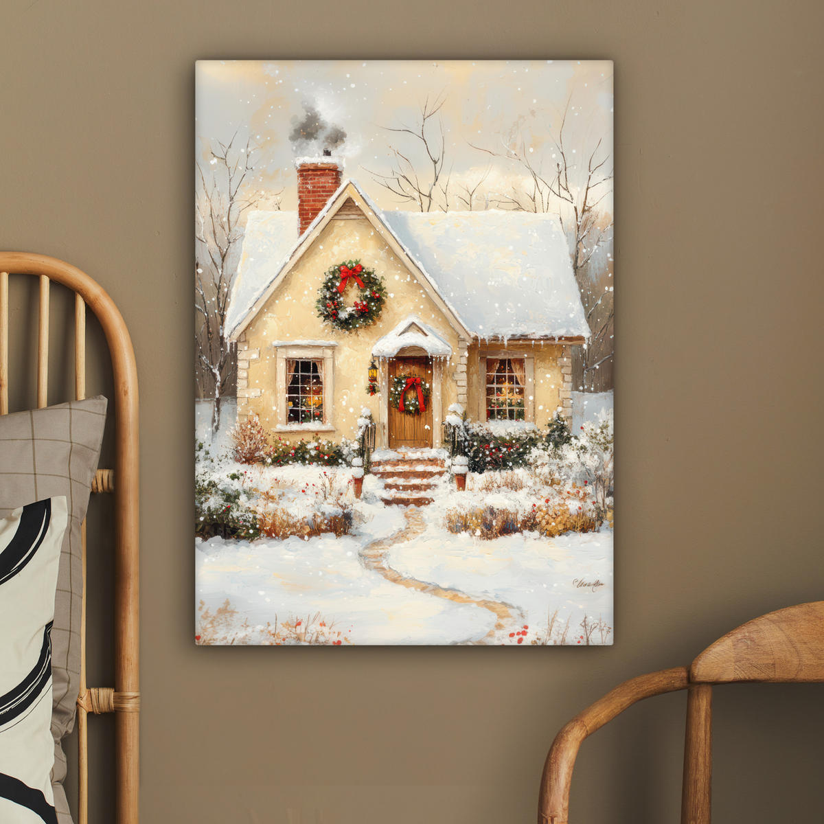 LEINWANDBILD Weihnachten - Zuhause - Winter - Schnee 60x80 cm - Creme, Textil (60/80cm) - MuchoWow