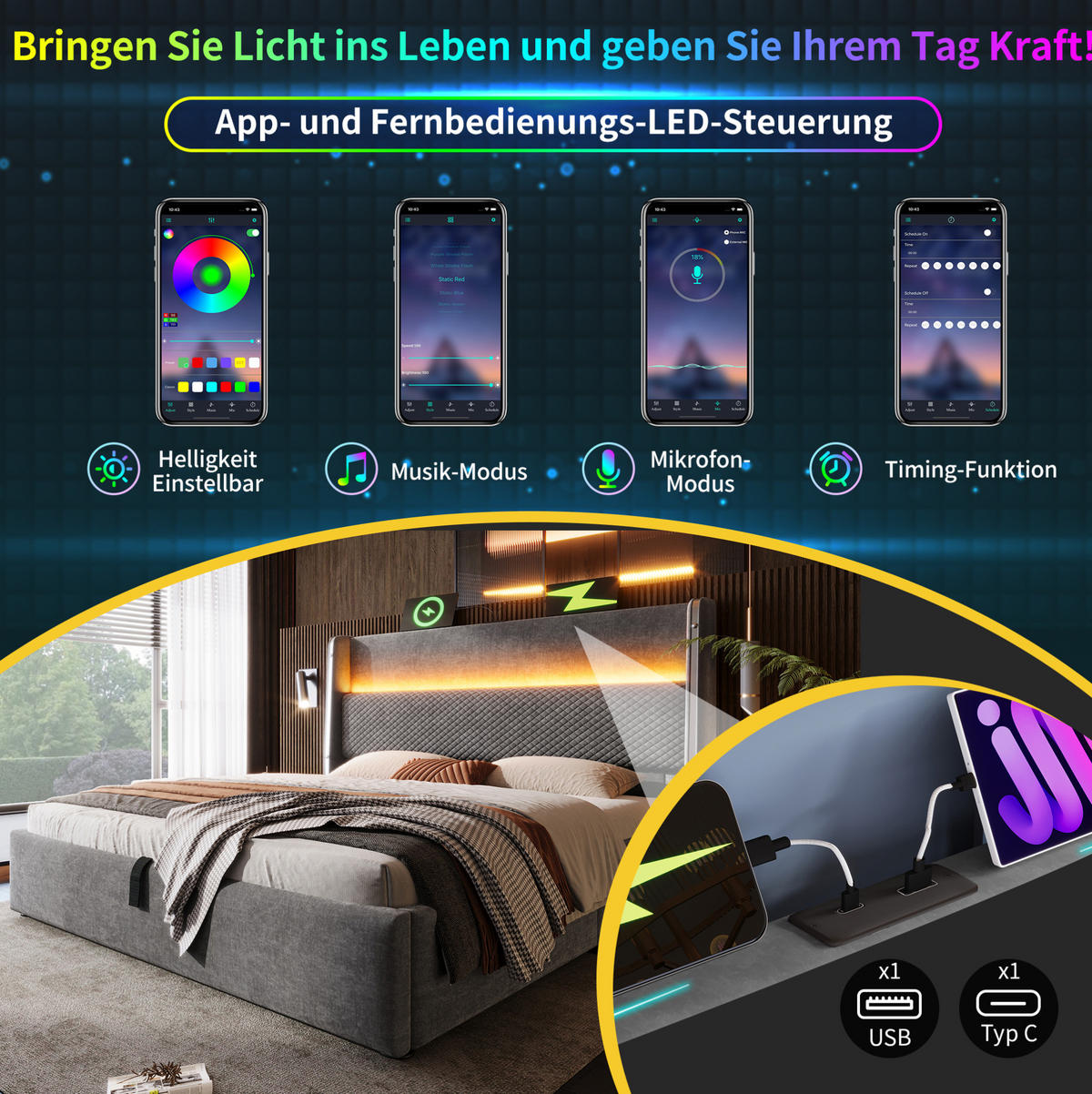 POLSTERBETT 160/200 cm grau aus Leinen mit LED, USB/Type-C und Stauraum inkl. Matratze - Grau, Textil (160/200cm) - OKWISH