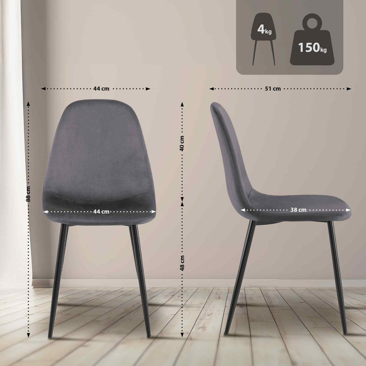 STUHL 4er Set Samt Dunkelgrau - Dunkelgrau/Schwarz, Textil/Metall (44/88/51cm) - CLP