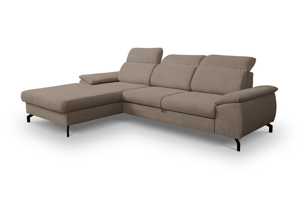 ECKSOFA MALIBU mit Schlaffunktion und Bettkasten, Farbe: Braun, Velourstoff, Ottomane Links - Braun, Textil (276/184cm) - VENASI MÖBEL