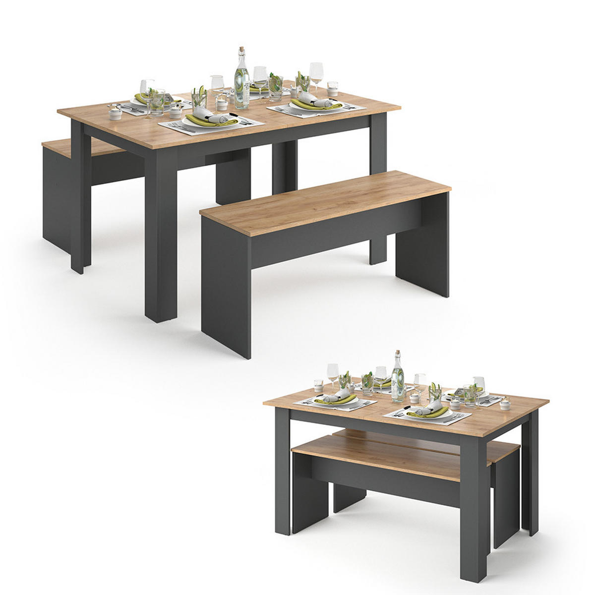 ESSTISCH SET Sentio Anthrazit 90 x 140 cm mit 2 Bänken - Anthrazit, Holzwerkstoff (140/76/90cm) - Vicco