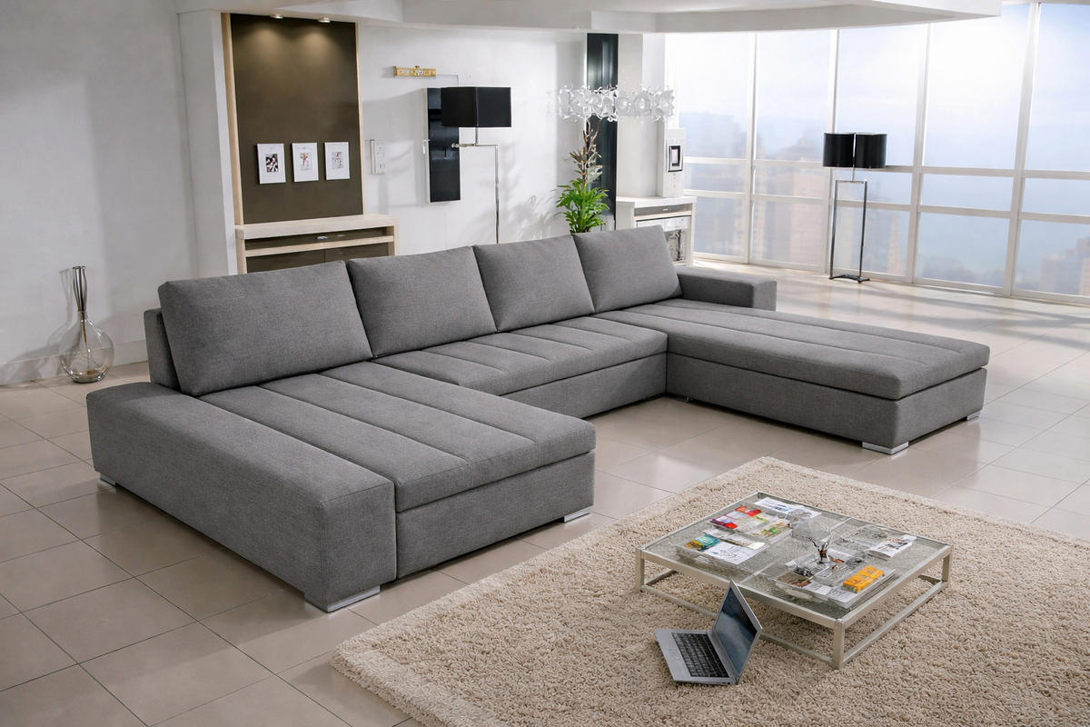 WOHNLANDSCHAFT VERONA U-Form mit Schlaffunktion, Bettkasten und Wellenfederung – Großzügiges Ecksofa 387 cm - Grau, Kunststoff (387/85/213cm) - Wohnideebilder