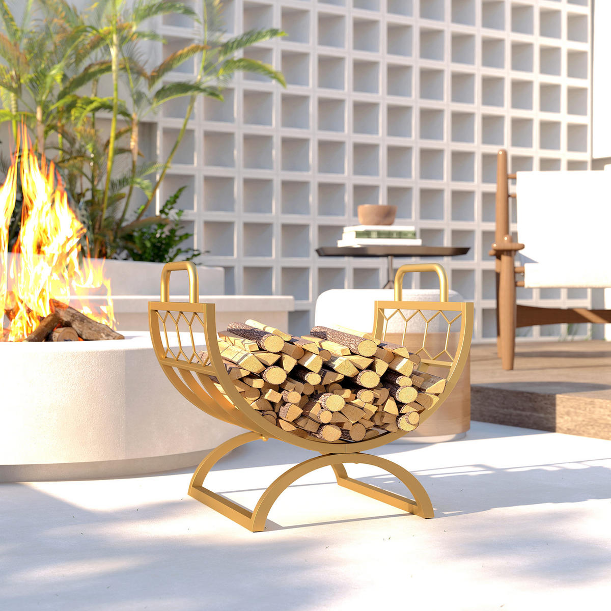 KAMINHOLZREGAL für innen 46 x 36 x 41cm Brennholzregal für Kamin Ofen Gold - Goldfarben, Metall (36/41/46cm) - Outsunny