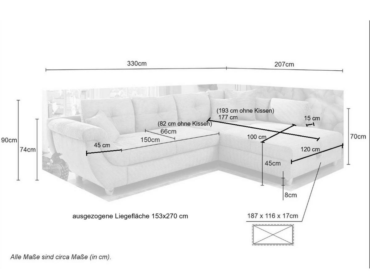 ECKSOFA mit Schlaffunktion und großem Bettkasten, seitenverkehrt montierbar B330/T207/H90 cm, Liegefl. 153x270 cm, Mikrofaser Grau / 15230 - Chromfarben/Grau, Kunststoff/Textil (330/207cm) - luma-home