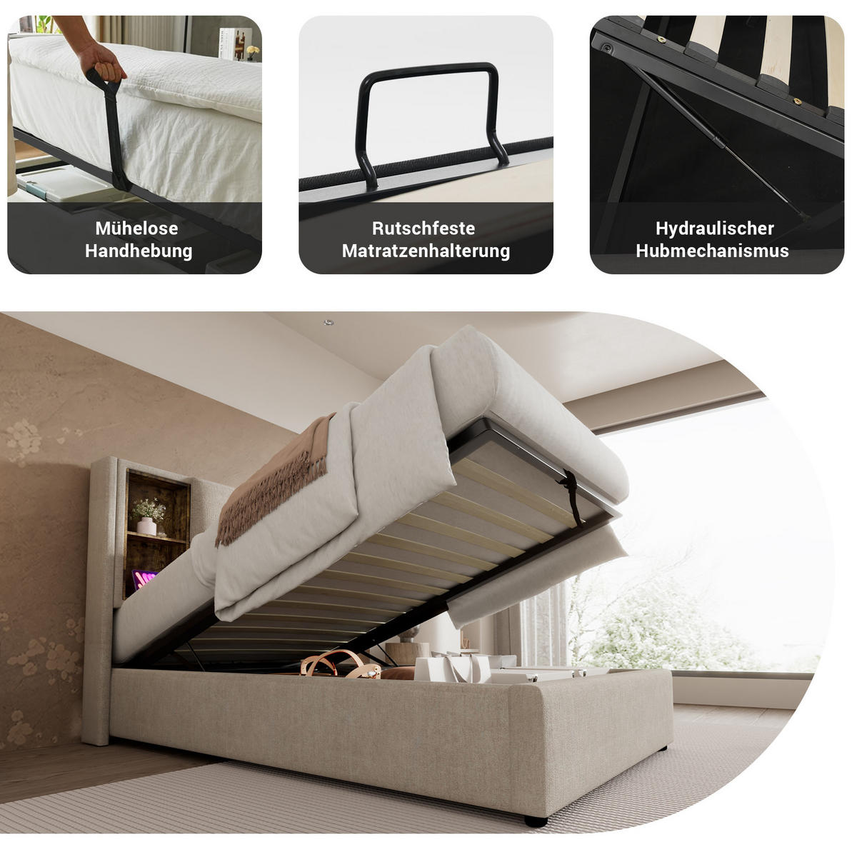 POLSTERBETT 90/200 cm mit hydraulischem Bettkasten & Kopfteil mit Wireless-Charging, USB/Typ-C, Natur - Naturfarben, Textil (90/200cm) - Redom