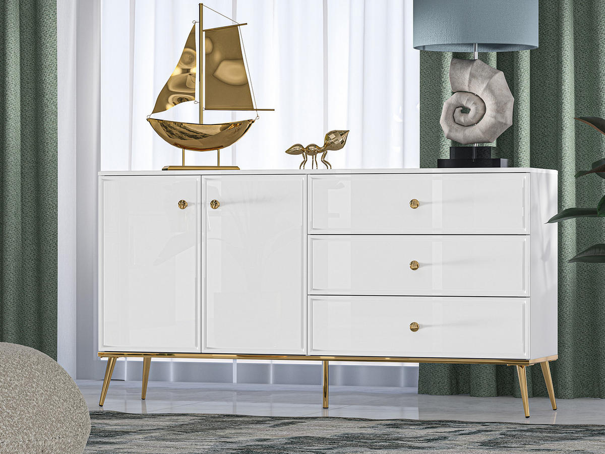 SIDEBOARD Goldin weiß / weiß hochglanz / gold 160 / 40 / 85cm - Weiß Hochglanz/Weiß, Holz/Holzwerkstoff (160/85/40cm) - Feldmann-Wohnen