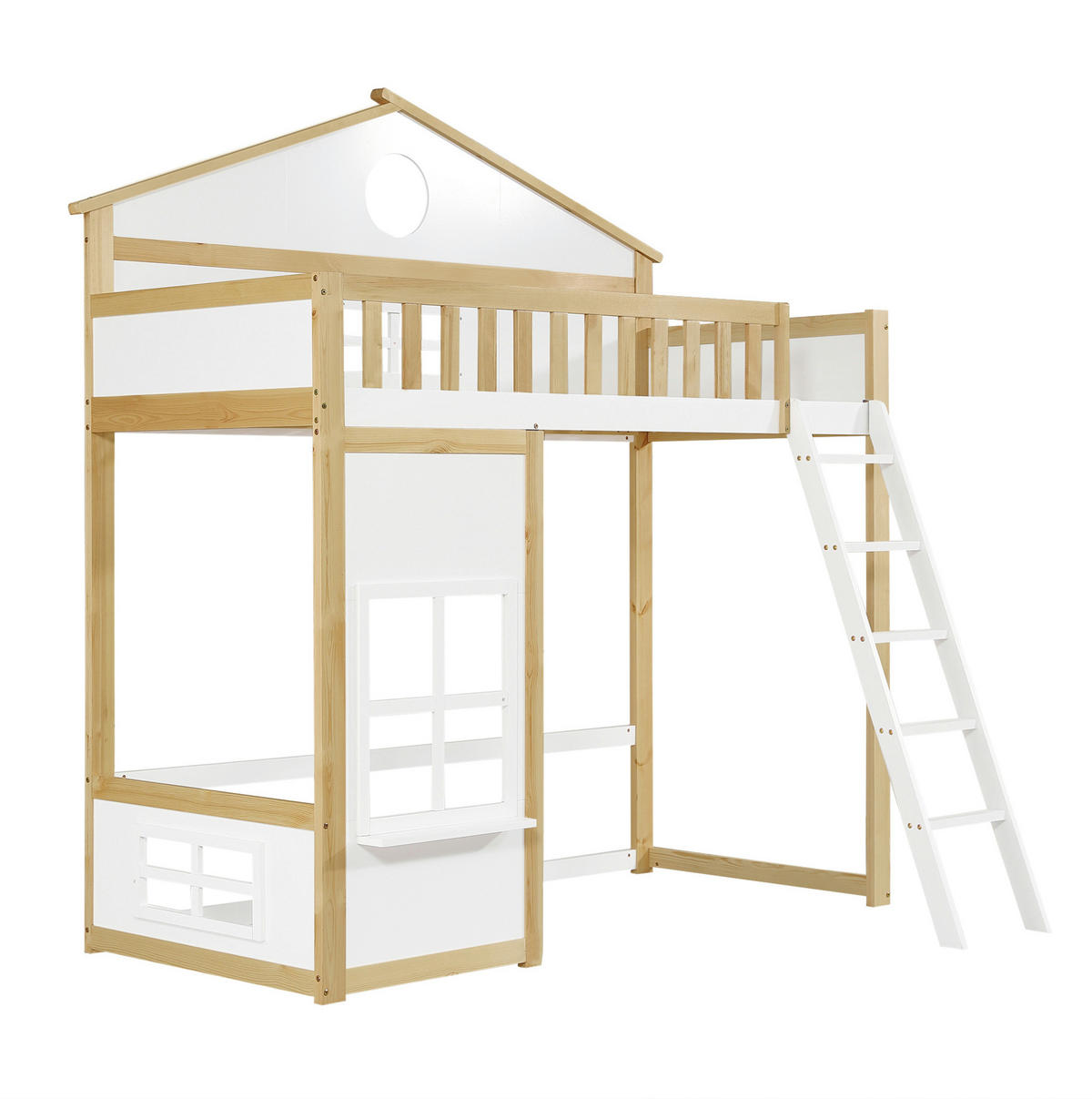 ETAGENBETT aus Kiefer und MDF 90x200 cm Weiß/Natur mit Treppe, Fallschutz und Hausdesign - Weiß, Holzwerkstoff (90/200cm) - IVMEU