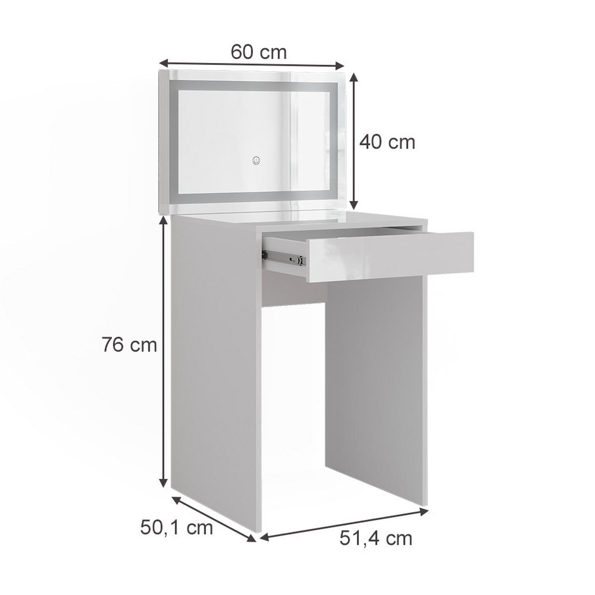 SCHMINKTISCH Sherry Weiß/Weiß Hochglanz 51.4 cm mit LED-Spiegel - Weiß Hochglanz, Holzwerkstoff (51.4/76/50.1cm) - Vicco