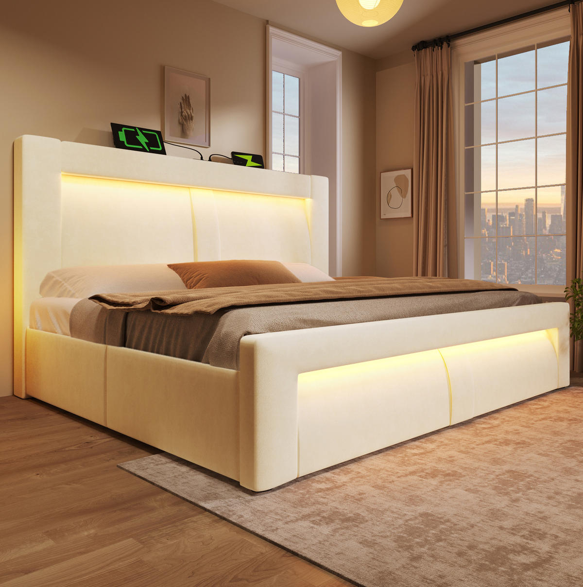 ČALÚNENÁ posteľ 140/200 cm s LED osvetlením, USB a Type-C portom a hydraulickým úložným priestorom, Béžová - béžová, textil (140/200cm) - Redom