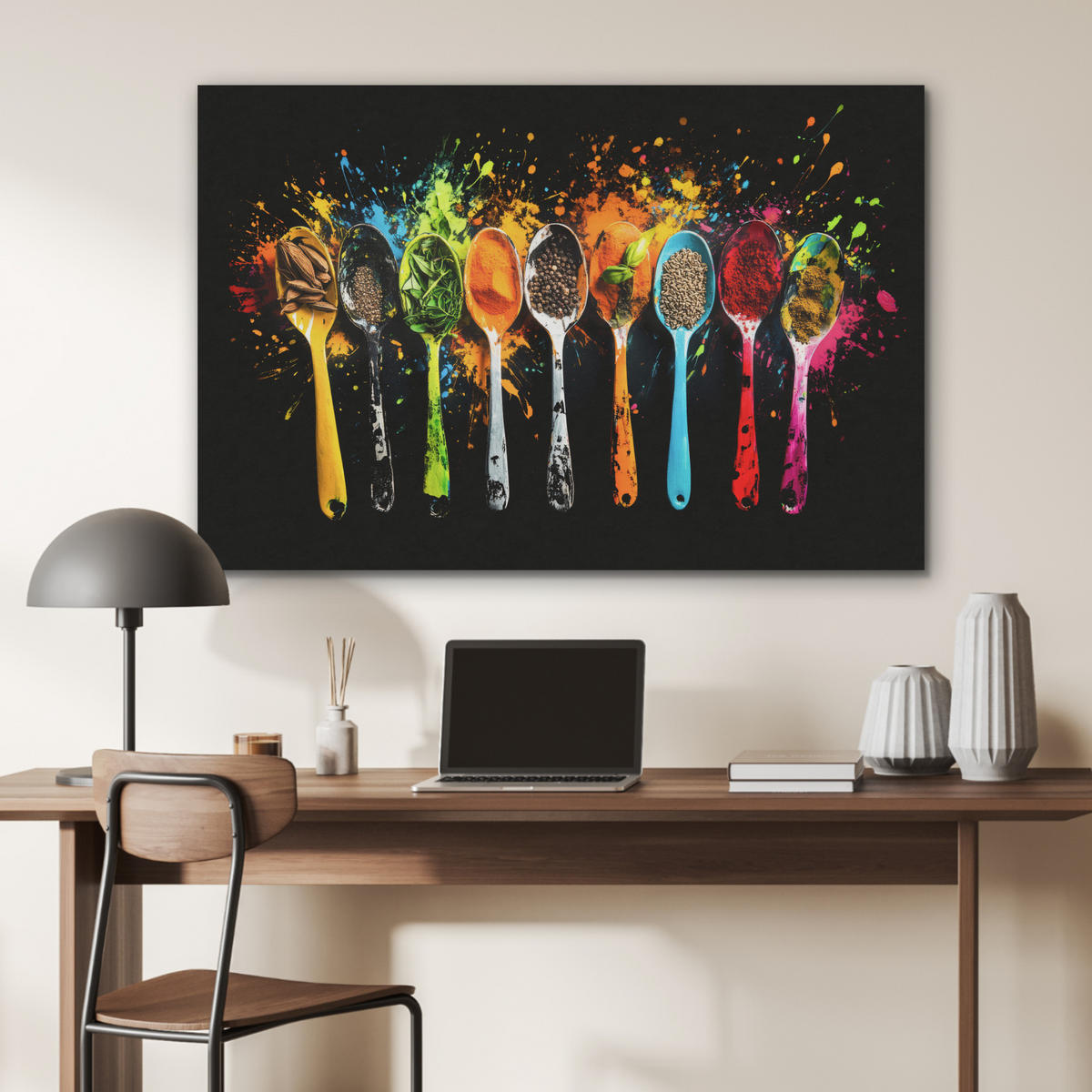 AKUSTIKBILD Löffel - Gewürze - Modern - Graffiti - Farbe - Farbenfroh Akustikpaneele 90x60 cm - Multicolor, Kunststoff (90/60/0.9cm) - MuchoWow
