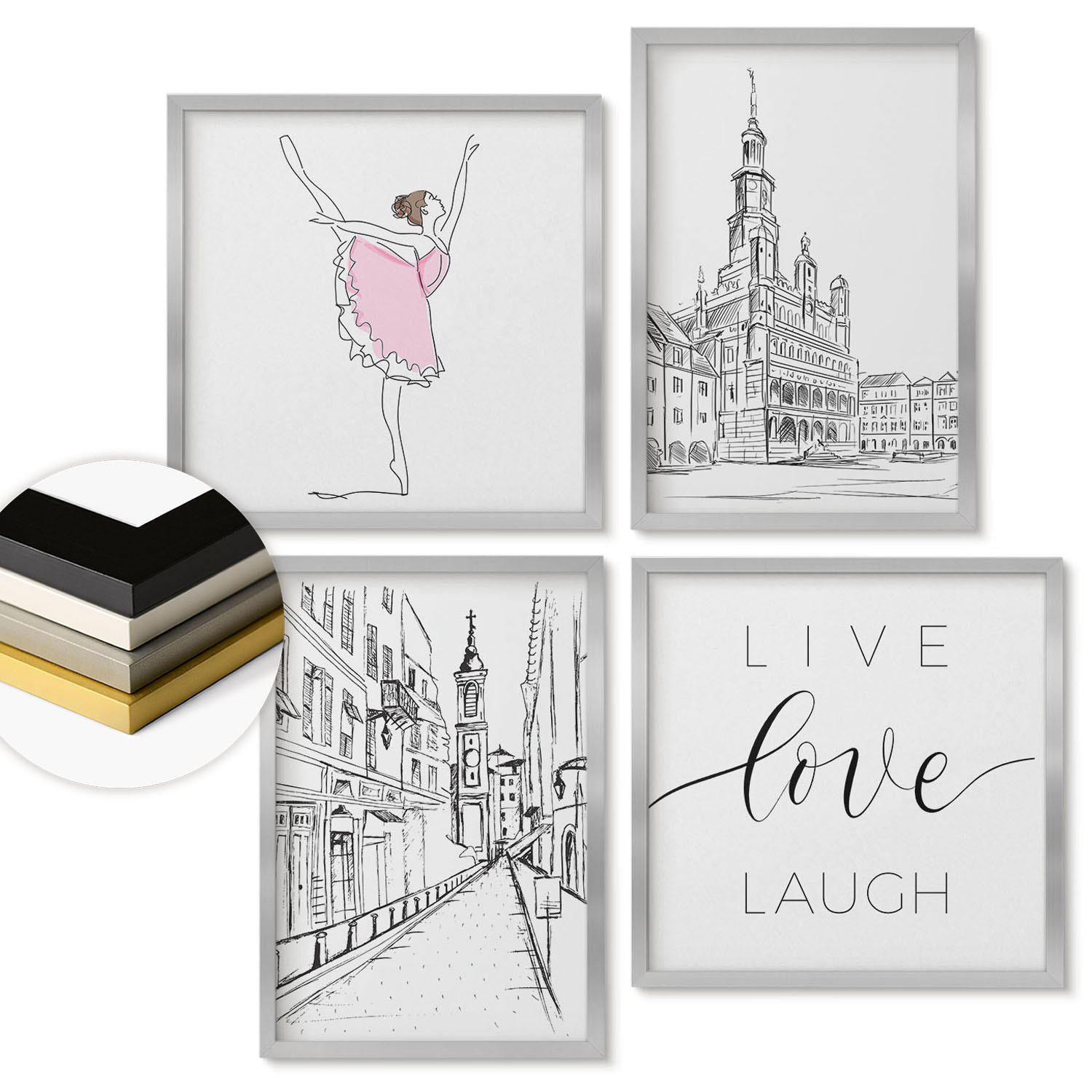 WANDBILDER 4er Set - 50x50 cm & 40x60 cm Silberner Rahmen - Stilvolle Grafik, Ballerina-Architektur - Silberfarben, Kunststoff (50/50cm) - ArtPrintCave