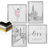 WANDBILDER 4er Set - 50x50 cm & 40x60 cm Silberner Rahmen - Stilvolle Grafik, Ballerina-Architektur - Silberfarben, Kunststoff (50/50cm) - ArtPrintCave