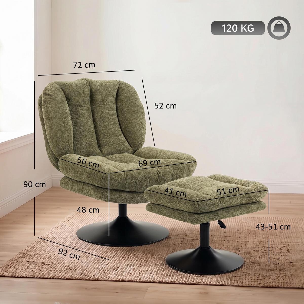 LOUNGESESSEL-MIT-HOCKER 2er Set Polyester Grün - Schwarz/Grün, Textil/Metall (72/90/92cm) - HOMCOM