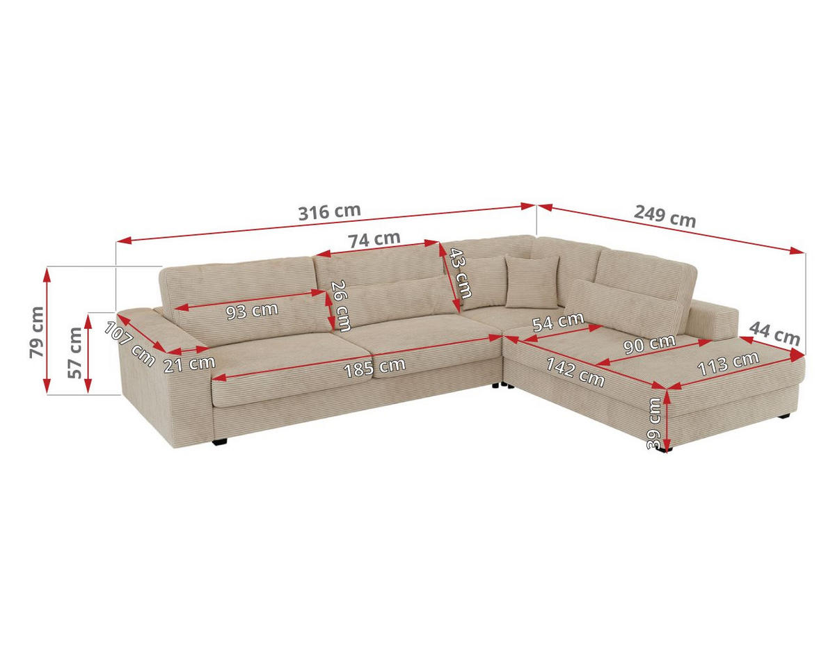 ECKSOFA Savona Beige Cord - rechts - Beige/Schwarz, Kunststoff/Textil (249/316cm) - MKS