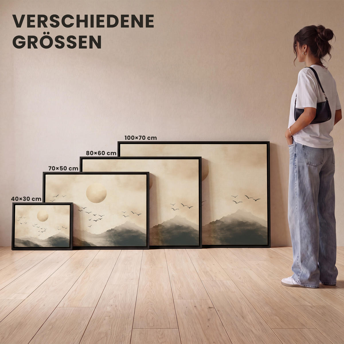 LEINWAND Bilder mit Rahmen - Landschaft - Japandi - Vogel - 100x70 - Beige, Textil (100/70cm) - MuchoWow