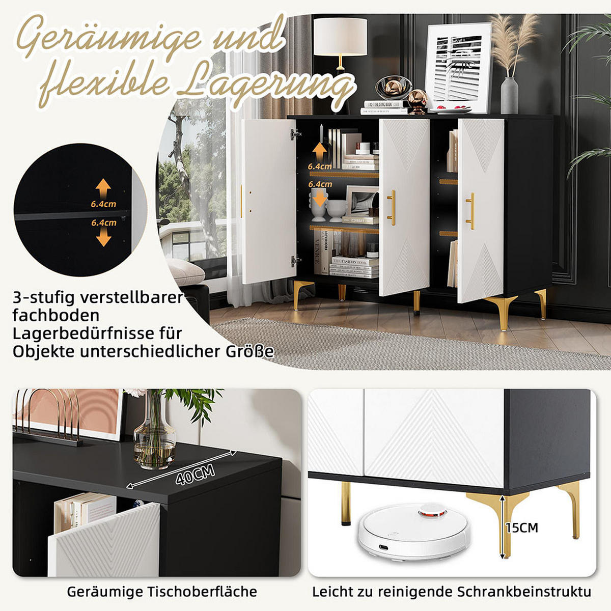 SIDEBOARD mit goldenen Griffen und goldenen Beinen - Weiß, Holz (40/88/20cm) - KOMHTOM