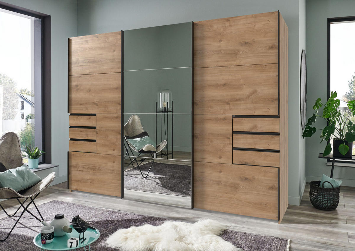 KLEIDERSCHRANK Saigon in Plankeneiche und schwarzen Griffen mit einer Spiegel Türfront – Schwebetürenschrank 3 türig - 270 cm Breite - Braun, Holzwerkstoff (80/200/120cm)