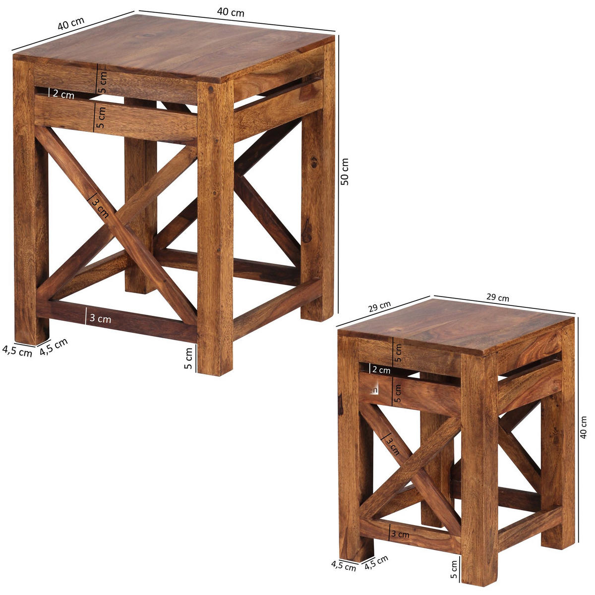 BEISTELLTISCH Set – 2-teilig Massivholz quadratisch Landhausstil pflegeleicht - Braun, Holz (40/40/50cm) - KADIMA DESIGN