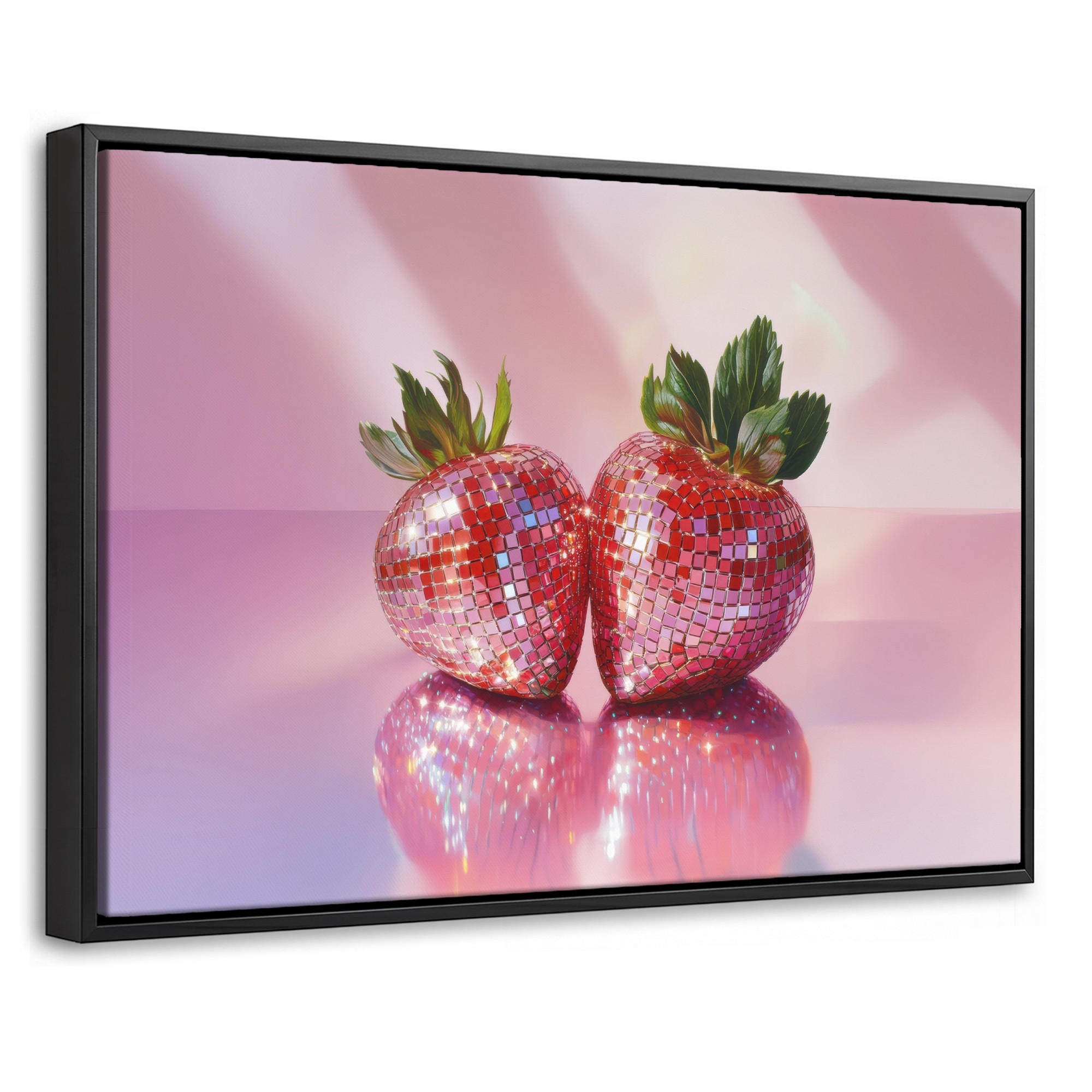 LEINWAND Bilder mit Rahmen - Disco - Obst - Glitzer - Erdbeere - 30x20 - Pink, Textil (30/20cm) - MuchoWow