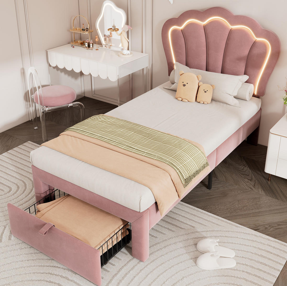 POLSTERBETT 90/200 cm in Rosa mit LED und Schublade - Rosa, Textil (90/200cm) - Flora Grace