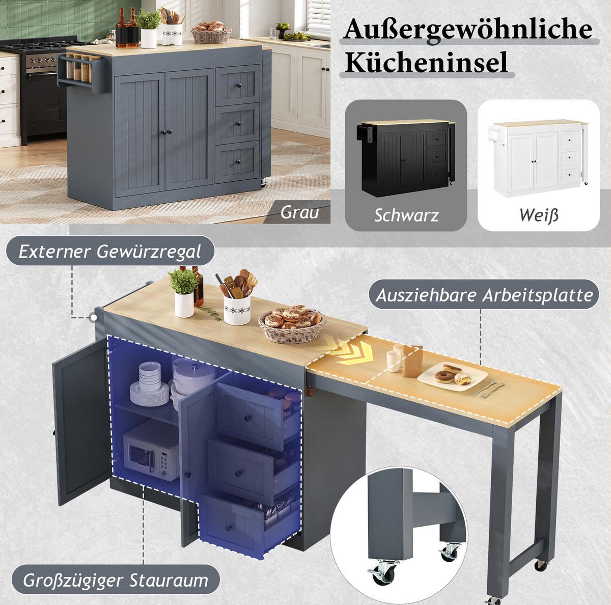 KÜCHENINSEL aus MDF 130x45x93 cm Grau mit ausziehbarer Arbeitsplatte, Rollen, 3 Schubladen und Gewürzregal - Grau, Holzwerkstoff (130/93/45cm) - Modfu