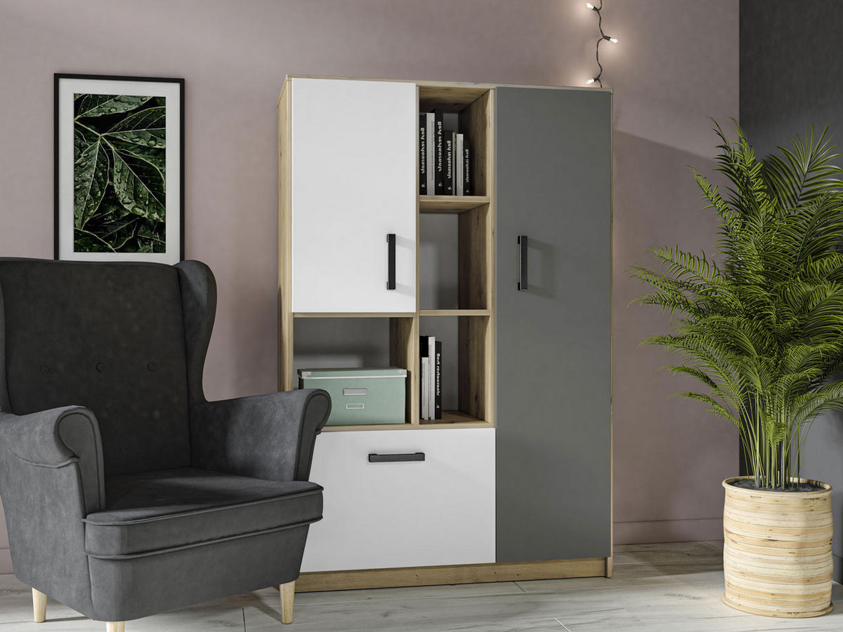 HIGHBOARD Fini Artisan Eiche / weiß / anthrazit 92 / 42 / 139cm - Weiß/Braun, Holz/Holzwerkstoff (92/139/42cm) - Feldmann-Wohnen