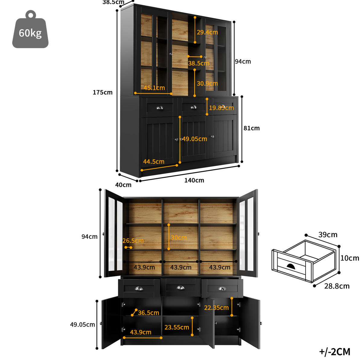 MODERNER Hochschrank mit Acryl-Türen und verstellbaren Böden, 140/38,5/175 cm, Schwarz - Schwarz, Holzwerkstoff (140/175/38.5cm) - Redom