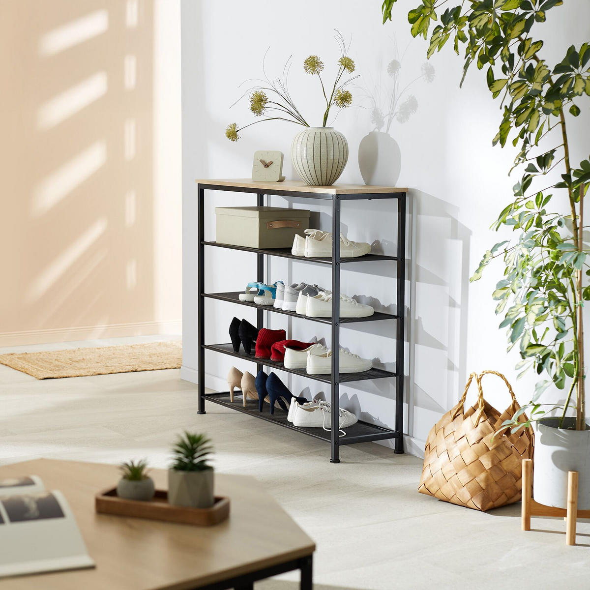SCHUHREGAL Sheffield,100 x 30,5 x 93 cm,Industrial Holz hell, Eiche Sonoma - Naturfarben, Metall (30.5/93/100cm) - tectake
