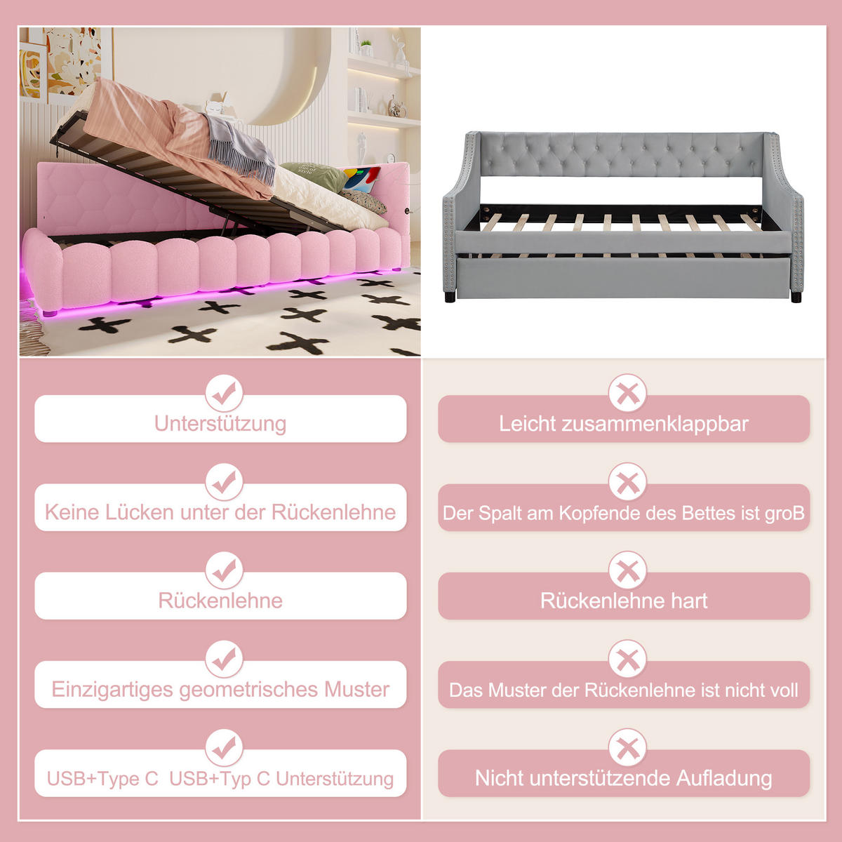 TAGEBETT 90x200cm Rosa Vliesimitat LED-Licht Hydraulik USB-C - Pink, Holz (90/200cm) - FLIEKS