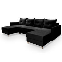 WOHNLANDSCHAFT VERNI Schwarz Plüsch-Stoff mit Schlaffunktion - Schwarz, Holz (285/91/143cm) - MASSENO