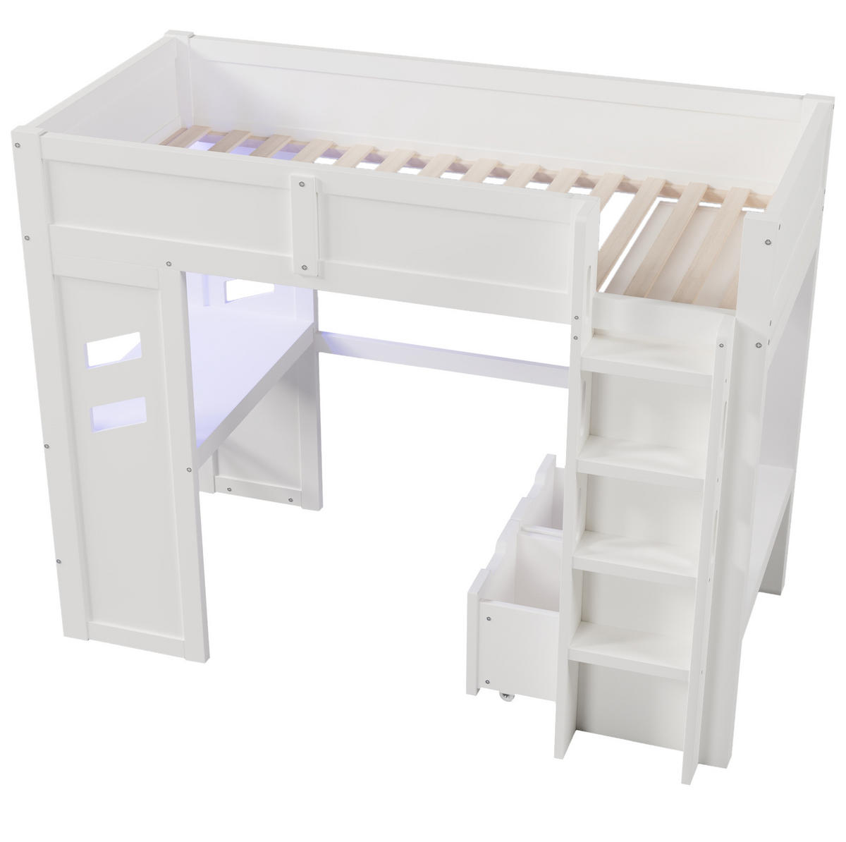 HOCHBETT 90/200 cm aus Kiefer mit Schreibtisch, LED-Beleuchtung, USB, Typ-C, 2 Schubladen und Kleiderstange, Weiß - Weiß, Holzwerkstoff (90/200cm) - Redom