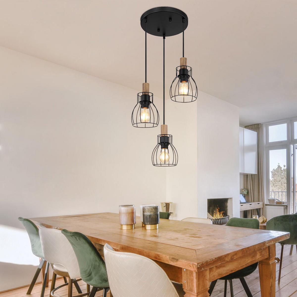 LED HÄNGELEUCHTE Metall Schwarz Holz - Schwarz, Holz (35.5/35.5/120cm) - Globo Lighting