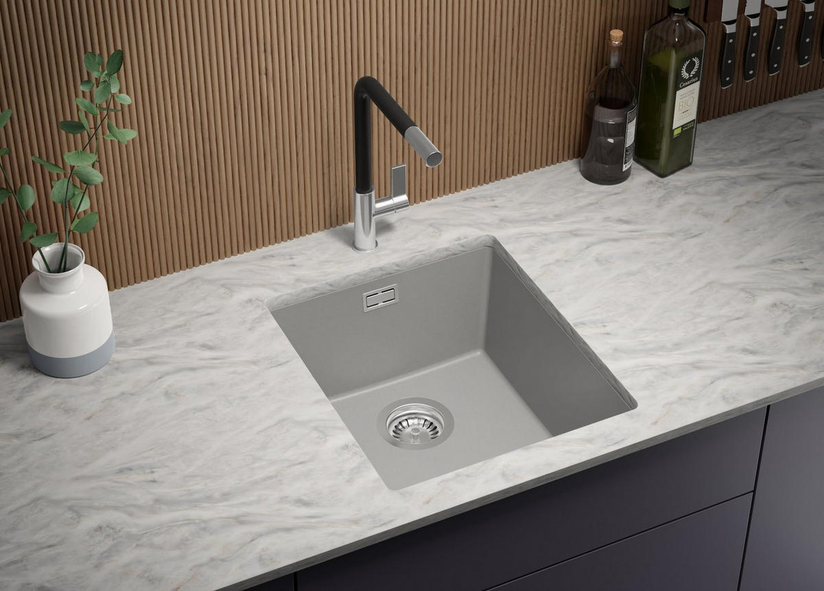 UNTERBAUSPÜLE GRANIT London, 2-er set Grau 41/47 cm 1 Becken + Küchenarmatur 32/20 cm + Ablauf-Set ab 45er Unterschrank - Grau, Kunststoff (41/20/47cm) - Primagran