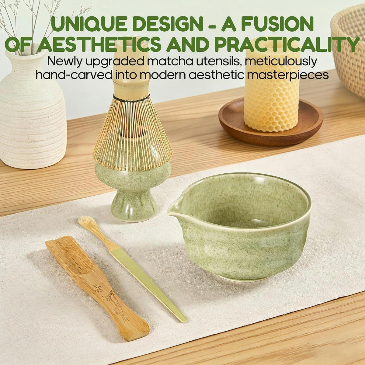 MATCHA Set 6-teilig Grün mit Bambusbesen und Schale - Grün, Naturmaterialien (15/10/15cm)