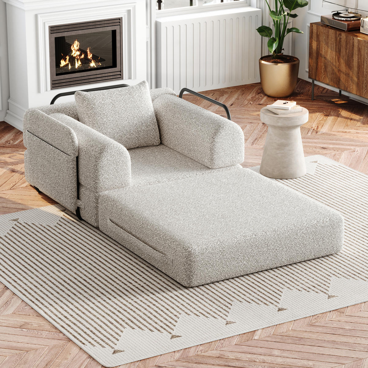 SCHLAFSOFA 2-in-1 mit Ablagefach in der Armlehne und Stahlrahmen Khaki Chenille 100/80/90 cm - Naturfarben, Textil (181.6/49.5/94cm) - OKWISH