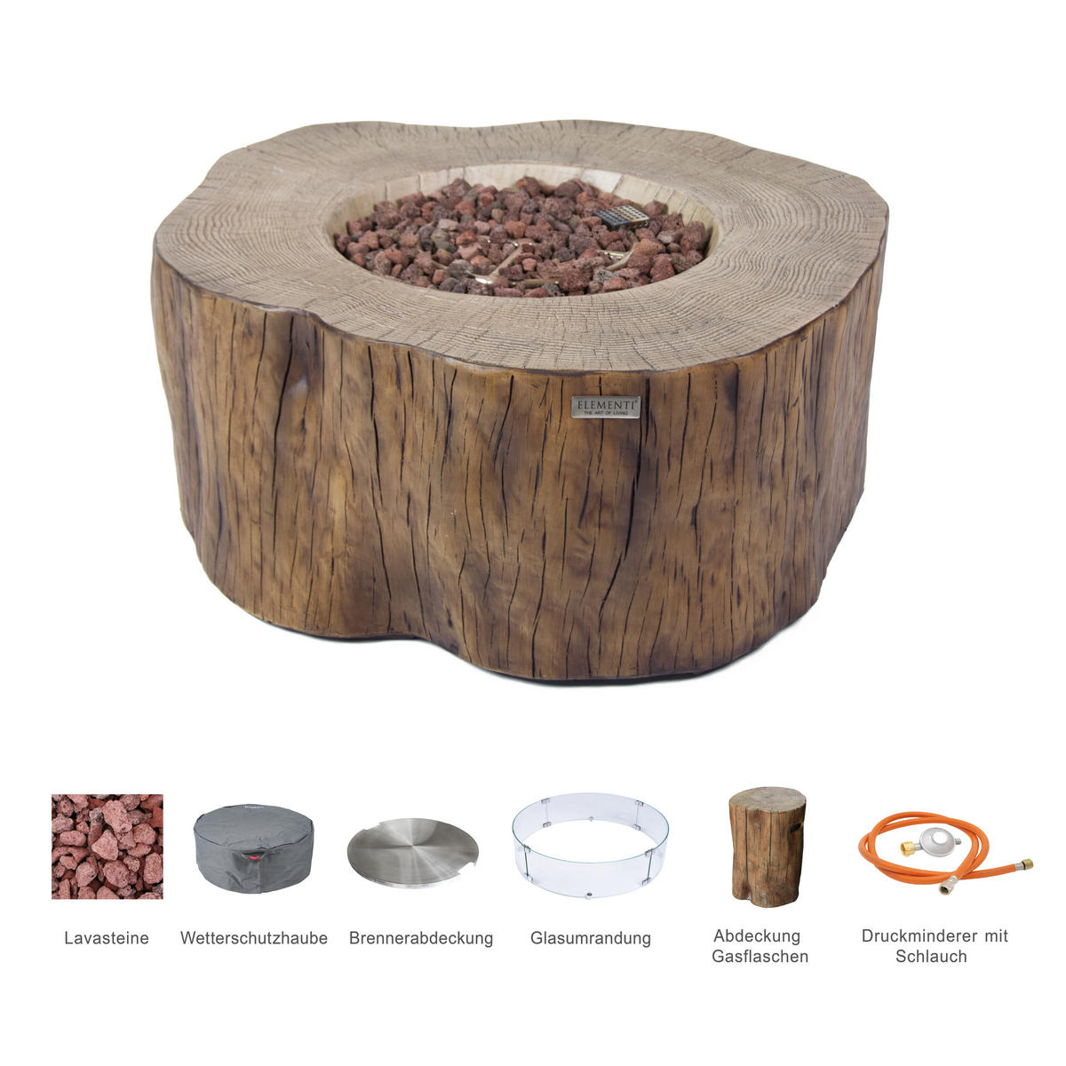 FEUERTISCH Manchester Gasfeuerstelle aus GF-Beton - 4-tlg. Set inkl. Glasumrandung, Brennerabdeckung und Gasflaschen-Abdeckung - Rotbraun, Naturmaterialien (100/43/106cm) - Elementi