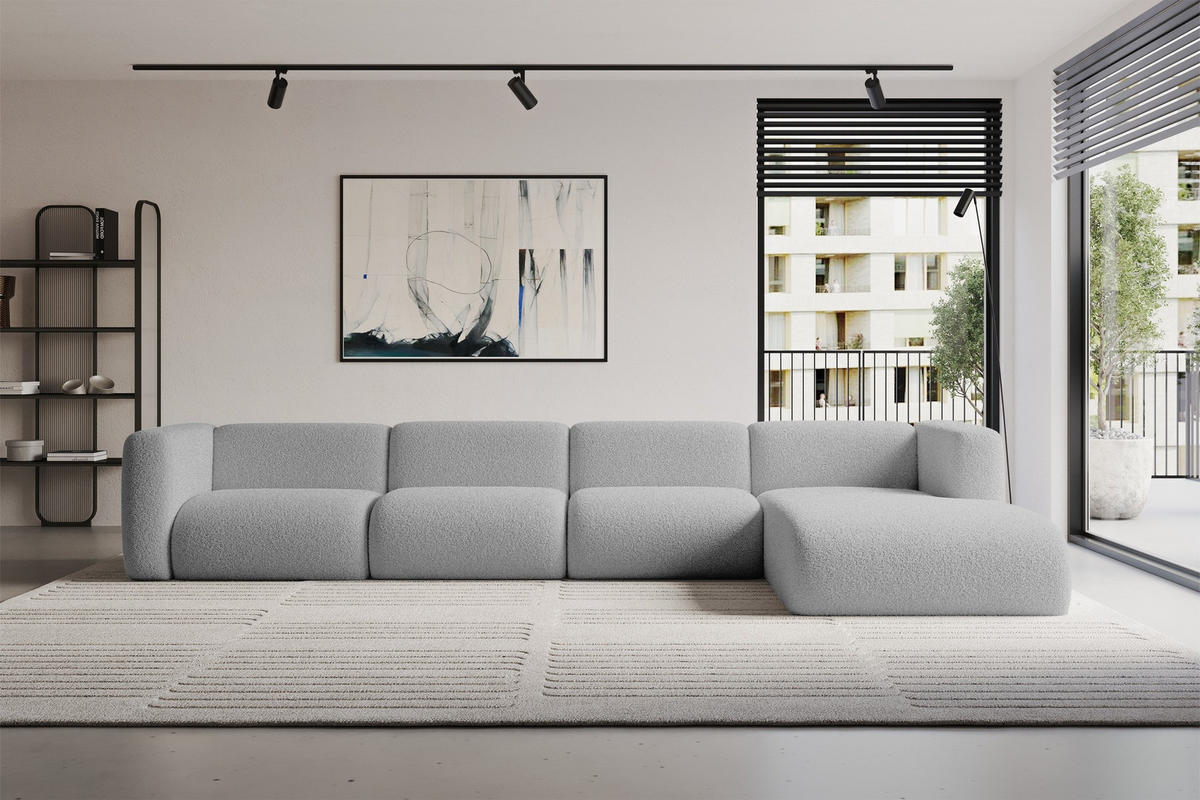 ECKSOFA Ottomane Rechts MIRA-L3 409x179x70 Hellgrau Bouclé - Silberfarben/Hellgrau, Holzwerkstoff/Kunststoff (409/179cm) - ALTDECOR