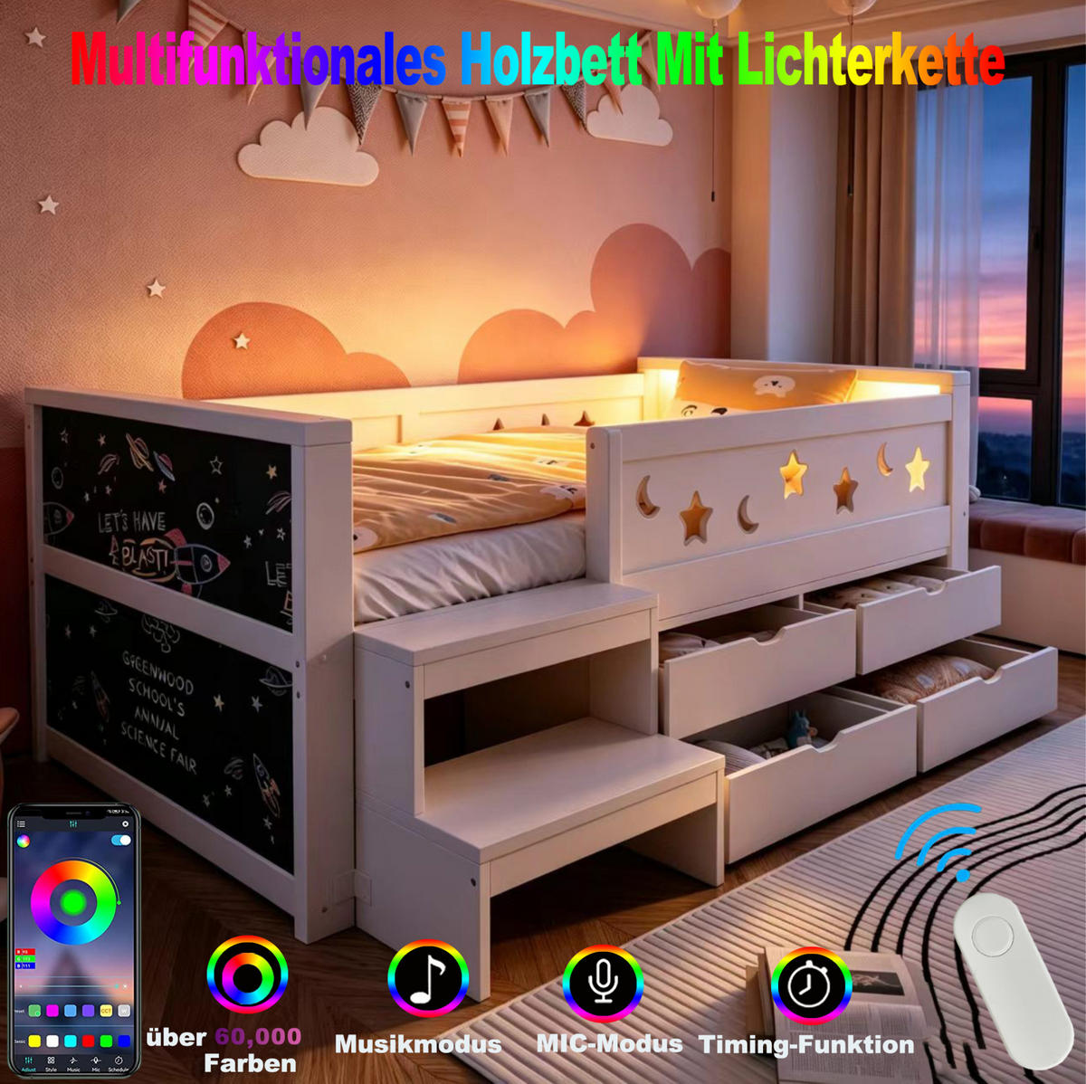 KINDERBETT Holz 90x200 cm Weiß mit LED, Tafel, 4 Schubladen und Sicherheitsgitter - Weiß, Holz (90/200cm) - Modfu