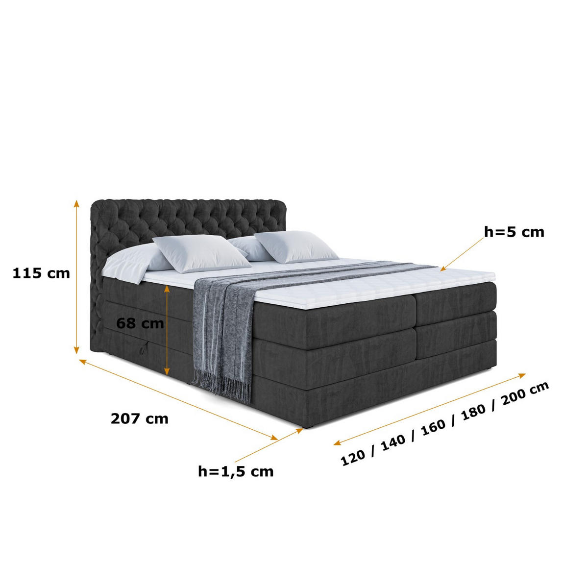BOXSPRINGBETT BOXI8 KING - 120x200 - H3/H4 - Schwarz - Schwarz, Holzwerkstoff (120/200cm) - ALTDECOR