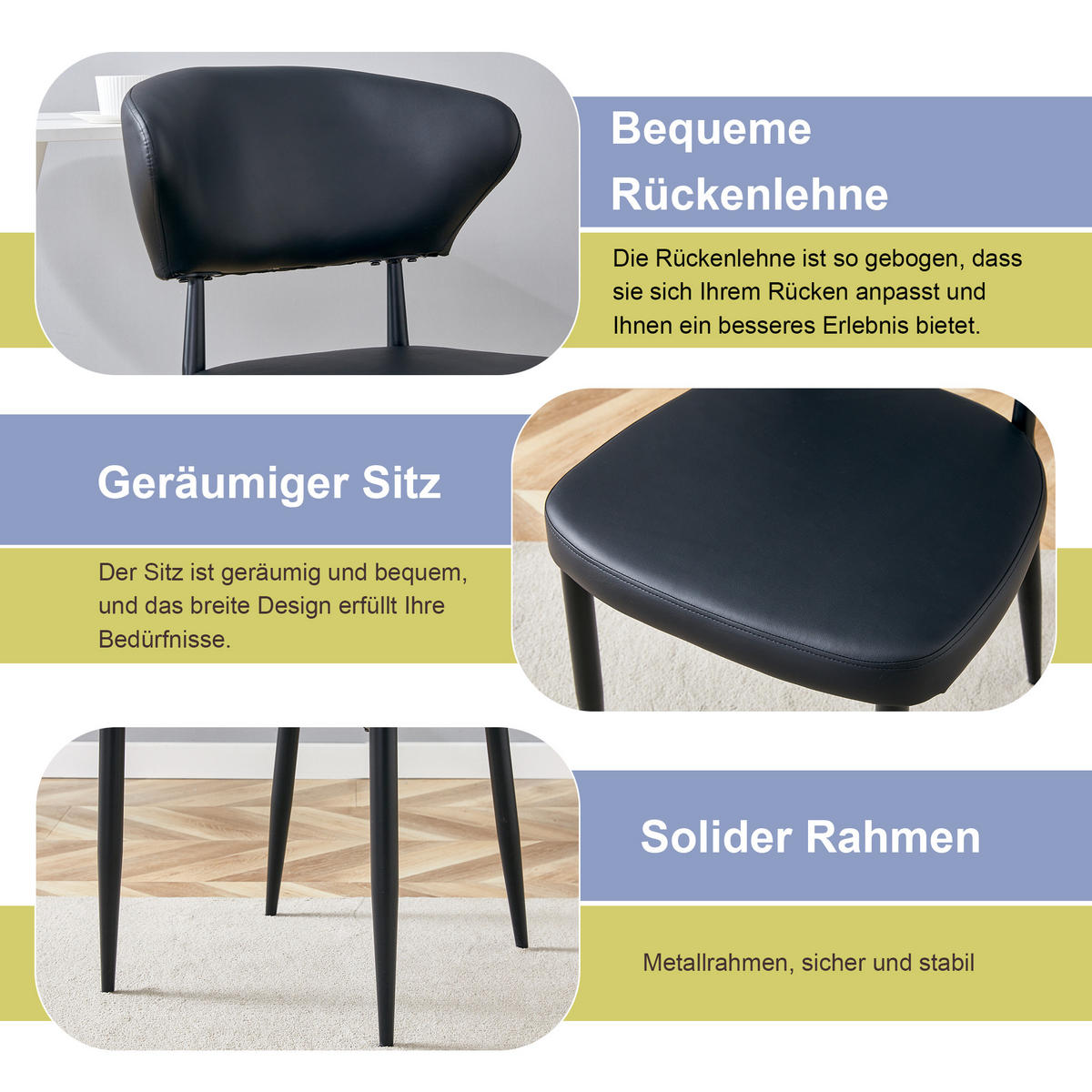 STUHL mit Rückenlehne ergonomisch Schwarz 45x50x80 cm Leder - Schwarz, Leder (45/80/50cm) - SONNENH