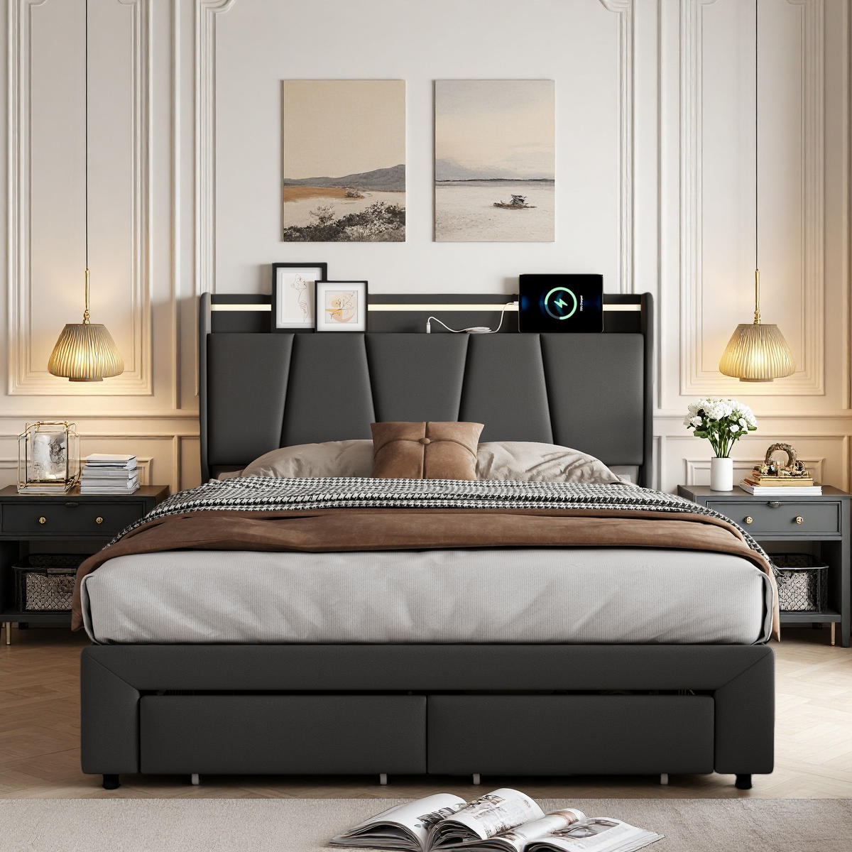 POLSTERBETT 140x200 cm LED USB Stauraum Lattenrost dunkelgrau - Grau, Holz (140/200cm) - LEBENLANG