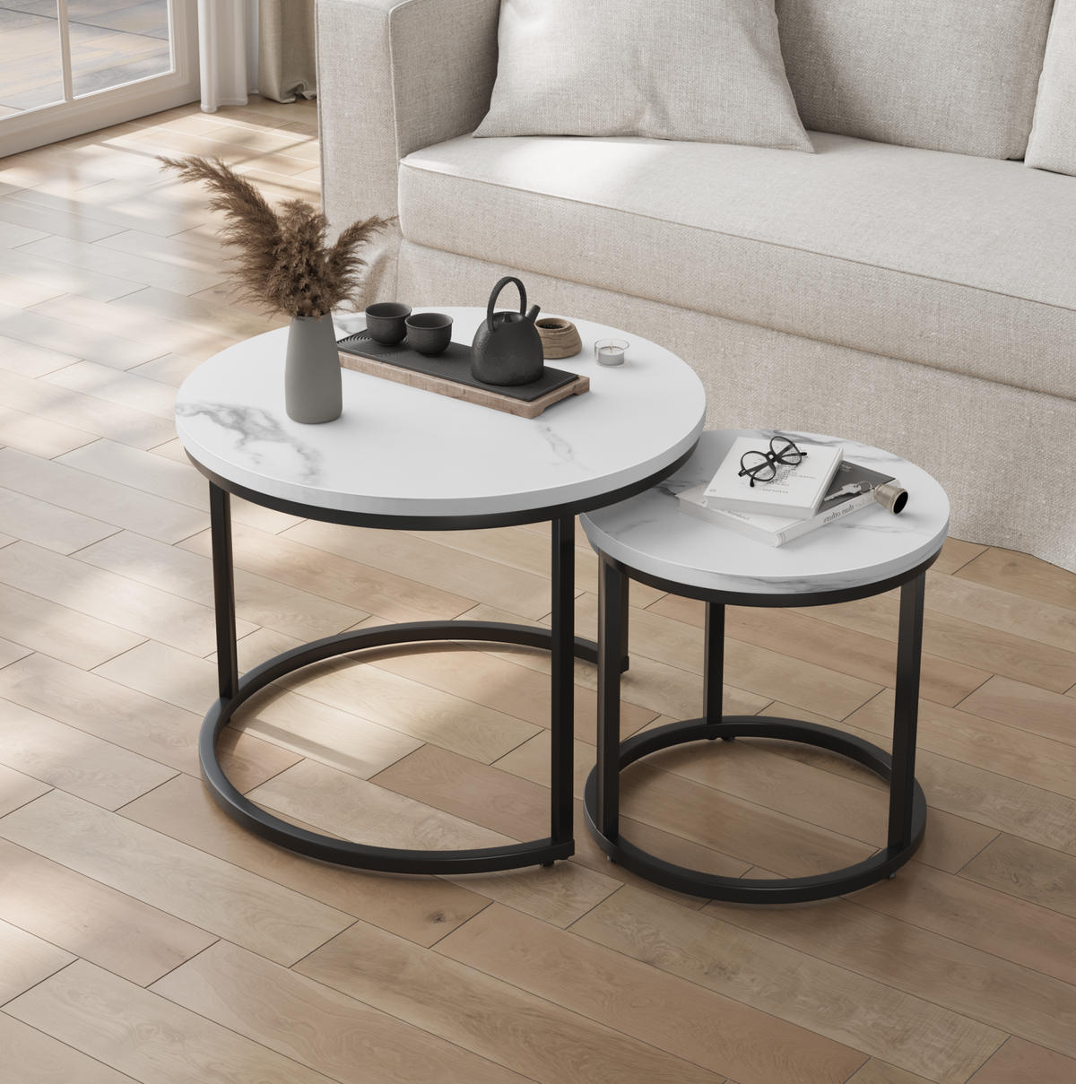 COUCHTISCH-SET 60/60/45 cm & 40/40/40 cm in Weiß mit Metallgestell, 2-teilig - Weiß, Holzwerkstoff (60/60/45cm) - Flora Grace
