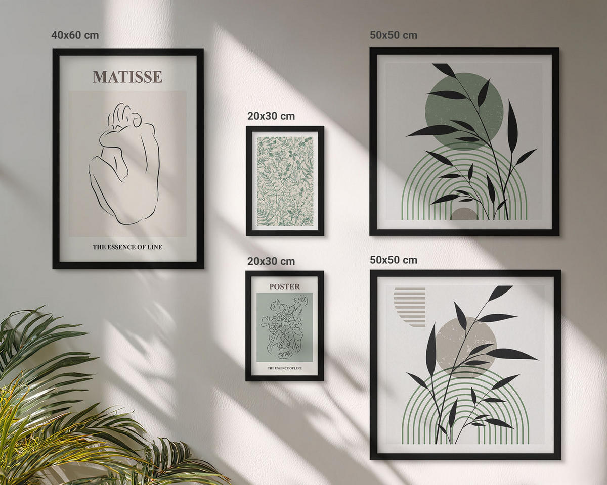 BILDER SET 5er Set - 50x50 cm & 20x30 cm & 40x60 cm Schwarzer Rahmen - Linien, Pflanzenmuster, Minimalismus - Schwarz, Kunststoff (40/60cm) - TULUP