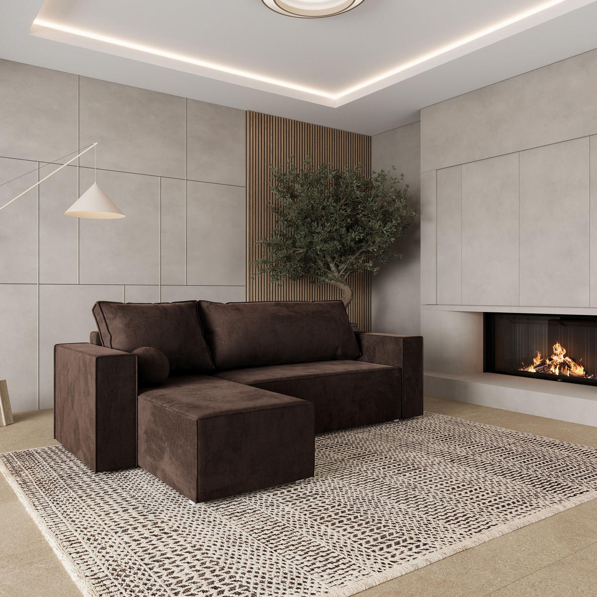 ROHOVÁ SEDAČKA RAVELO hnědá - šedá/hnědá, dřevo/textil (240/140cm) - MASSENO