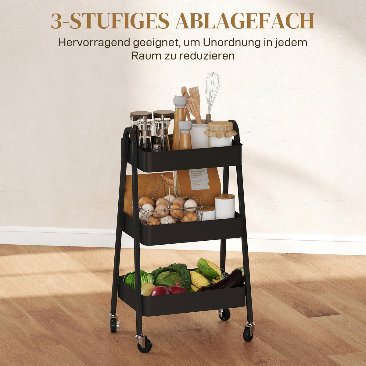 SERVIERWAGEN mit 3 Ebenen Küchenwagen mit Rollen Griff Rollwagen mit Bremse - Schwarz, Metall (29.8/74.5/42.4cm) - HOMCOM